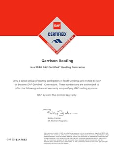 Garrison Roofing GAF Certified Residential Roofing Contractor certificate