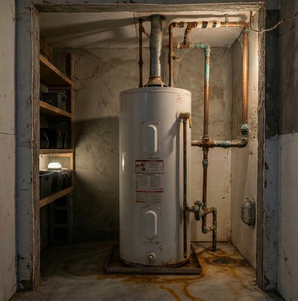 Signs of a bad water heater in a basement.